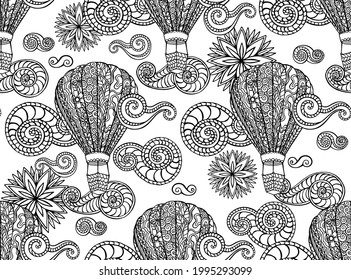 Seamless vector pattern with line drawn decorative curly clouds and stylized balloon with basket for travel and romantic dates. Coloring page for adults. Sky, clouds, sun and aircraft