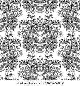 Seamless vector pattern with line drawn decorative human skull in flowers and leaves of herbs. Sketch for a tattoo. Texture for printing for the holidays "Death Day" or Halloween