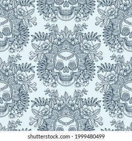 Seamless vector pattern with line drawn decorative human skull in flowers and leaves of herbs. Sketch for a tattoo. Texture for printing for the holidays "Death Day" or Halloween