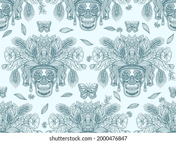 Seamless vector pattern with line drawn decorative human skull with insects in flowers and leaves of herbs. Sketch for a tattoo. Texture for printing for the holidays "Death Day" or Halloween