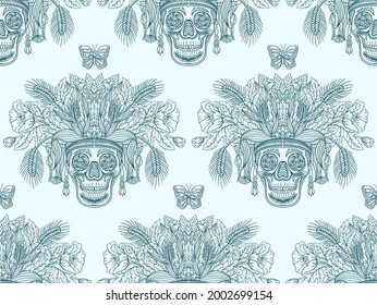 Seamless vector pattern with line drawn decorative human skull with insects in flowers and leaves of herbs. Sketch for a tattoo. Texture for printing for the holidays "Death Day" or Halloween