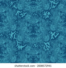 Seamless vector pattern with line drawn tigers in flowers and herbs. Background for the new 2022 year of the tiger on the Chinese calendar. Texture for printing on fabrics and paper