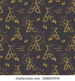 Seamless vector pattern with line drawn wigwams on dark background in a minimalist style.