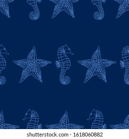 Seamless vector pattern of line hand drawn starfishes and seahorses on blue background