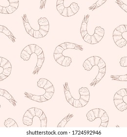 Seamless vector pattern of line hand drawn shrimps. Design for seafood products packaging