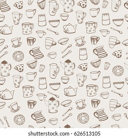 Seamless vector pattern of line icons home tableware and kitchen utensils.
Hand drawn vector illustration. Kitchen background. Retro wallpaper with doodle kitchen equipments. 
