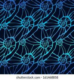 Seamless vector pattern with linear abstract seashell texture on dark background. Endless background 