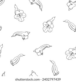 Seamless vector pattern linear branch flowers of Jacaranda tree black and white. Hand drawn elements. Delicate floral background for design