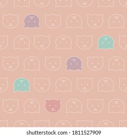 Seamless vector pattern with linear cats. Color faces of kittens in contour style