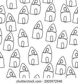 Seamless vector pattern with linear contour houses on a white background. house icon drawn with a single line