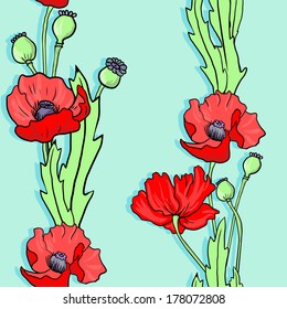 seamless vector pattern with linear drawing poppy flowers, hand drawn floral illustration