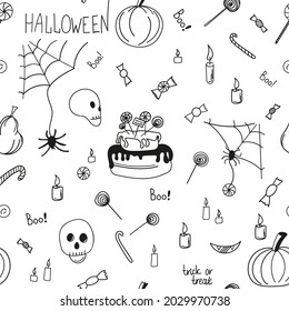 Seamless vector pattern linear drawing Happy Halloween black on white background. Pumpkin, spider web, skull and candy print.