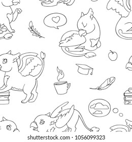 Seamless vector pattern with linear drawings of a cartoon griffin.