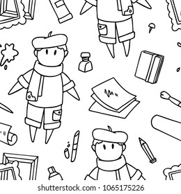 Seamless vector pattern with linear drawings about drawing and painting.