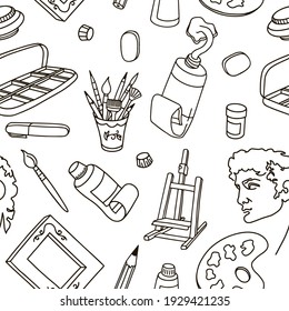 Seamless vector pattern with linear drawings about drawing and painting, palette, brushes, easel, paint