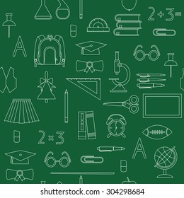 Seamless vector pattern with linear drawn school supplies scattered on green background.