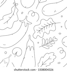 Seamless vector pattern with linear hand drawn eggplants with leaves. Ripe aubergine made as contour endless repeat background. Outline black and white illustration in cartoon style, good for textile.