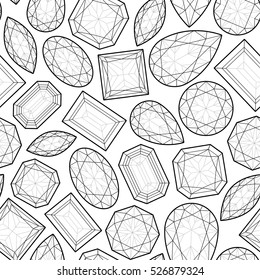 Seamless Vector Pattern With Linear Jewels. Black And White Background With Outline Gem Stones.