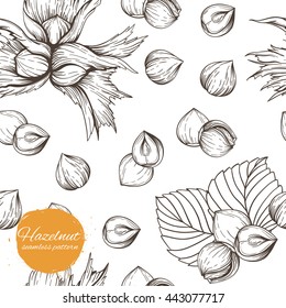 Seamless vector pattern with linear outline hazelnut. Sketches of nuts in vintage style