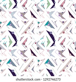 Seamless vector pattern, lined blue asymmetric geometric background with lines, dots. Print for decor, wallpaper, packaging, wrapping, fabric. Triangular graphic design. Line drawing illustration
