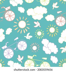 Seamless vector pattern lined colorful design of bicycles, sun, clouds in pastel colors. The design is perfect for textiles, backgrounds, wrapping paper, wallpaper, packaging