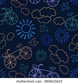 Seamless vector pattern lined colorful design of bicycles, sun, clouds on dark background. The design is perfect for textiles, backgrounds, wrapping paper, wallpaper, packaging