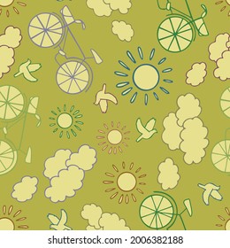 Seamless vector pattern lined colorful design of bicycles, sun, clouds in pastel green tones. The design is perfect for textiles, backgrounds, wrapping paper, wallpaper, packaging