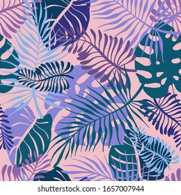 Seamless vector pattern lined leaves ornament in violet and blue tones. Can be used for printing on paper, stickers, badges, bijouterie, cards, textiles. 