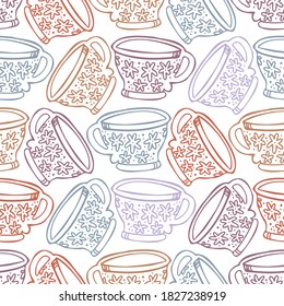 Seamless vector pattern of lined ornamental cups with flowers in pastel colors on white background. The design is perfect for stickers, decorations, icon, logo, badges, advertisements