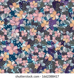 Seamless vector pattern lined pink tropical flowers colourful ornament. Can be used for printing on paper, stickers, badges, bijouterie, cards, textiles. 