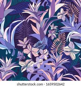 Seamless vector pattern lined tropical leaves and flowers ornament in violet and blue tones. Can be used for printing on paper, stickers, badges, bijouterie, cards, textiles. 