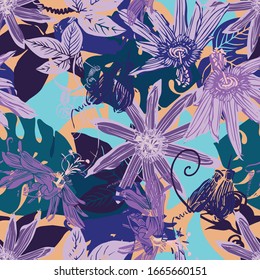 Seamless vector pattern lined tropical leaves and flowers ornament in violet and blue tones. Can be used for printing on paper, stickers, badges, bijouterie, cards, textiles. 