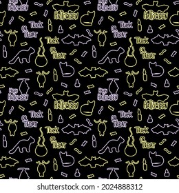 Seamless vector pattern with lines of mystical cats, bats, candles and sweets. Happy halloween lettering and trick or treat.