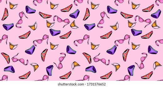 Patrón vectorial sin foco con lencería. Imagen para el embalaje de sostenes, panecillos, bikinis. Antecedentes de color de la ropa en un fondo rosado. Para imprimir en diseño, diseño y etiqueta.