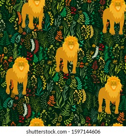 Seamless vector pattern with lion and different plants on dark background
