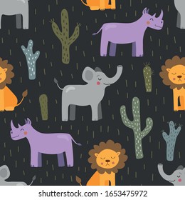 Seamless vector pattern with a lion, rhino and elephant on a dark background. Cute animals, illustration for the children.