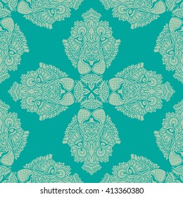 Seamless vector pattern of lions' heads. Ornament with lion heads on a plain background.
The contrasting pattern with animal motifs.The lion's head on a turquoise background.