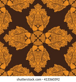 Seamless vector pattern of lions' heads. Ornament with lion heads on a plain background.
The contrasting pattern with animal motifs. Patterned head of a lion. The lion's head on a dark background.