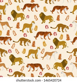 Seamless vector pattern with lions and tigers on light background.