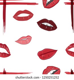seamless vector pattern of lip sketches with lipstick and four stripes of red in different shades