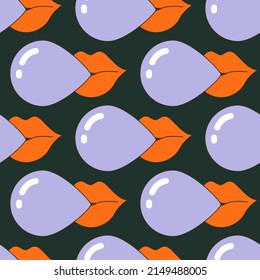 Seamless vector pattern with lips and bubble gum in groovy style. 70s, 80s, 90s vibes funky background. Retro mouth illustration. Vintage nostalgia texture for design and print