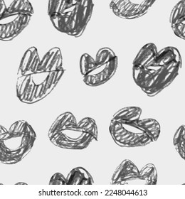 Seamless vector pattern lipstick kiss in pencil hand drawn style on white background. Vector flat illustration for design. Printing of the lips.