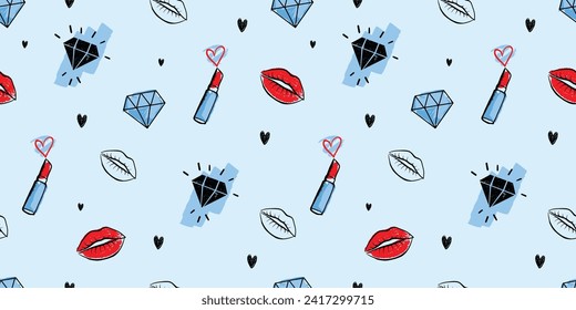 Patrón vectorial sin brillo con lápiz labial, labios y diamantes. Ornamento repetitivo de belleza