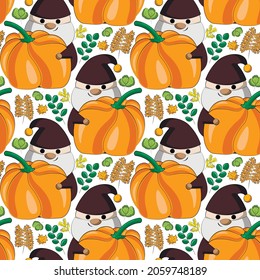 Seamless vector pattern with little autumns Gnomes with pumpkin and leaf