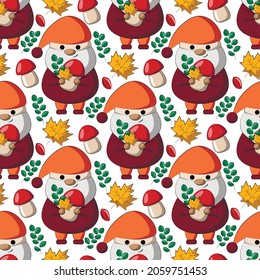 Seamless vector pattern with little autumns Gnomes with mushroom and leaf