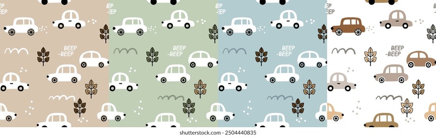 Seamless vector pattern of little cars and traffic lights 