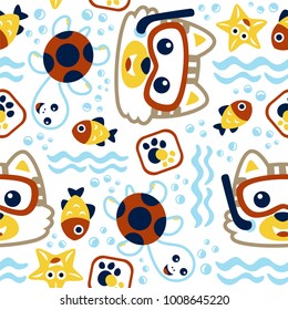 seamless vector pattern of little cat wearing diving goggles, marine life elements cartoon