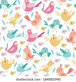 Seamless vector pattern with little cute birds and floral elements. 