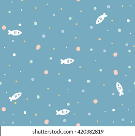 Seamless vector pattern with little cute fish cartoon. Surface design for fabric, wallpaper and wrapping paper.