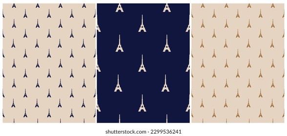 Seamless Vector Pattern with Little Eiffel Tower Icons Isolated on a Dusty Beige and Drak Royal Blue Background. Simple Abstract Paris Symbol Endless Print ideal for Fabric, Textile, Wrapping Paper.